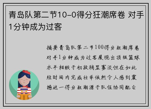 青岛队第二节10-0得分狂潮席卷 对手1分钟成为过客
